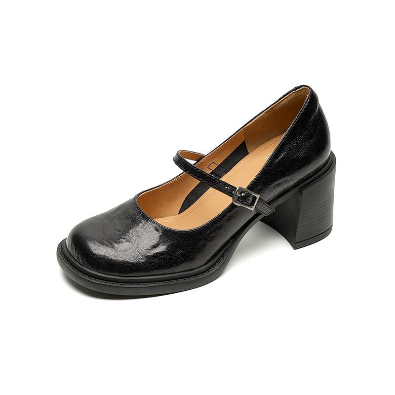 Bequeme Dickabsatz Schnalle Leder Freizeit Damen kleine Lederschuhe neu schwarzes Leder Einzelne Schuhe Damen Kopf große Größe mittlerer Absatz