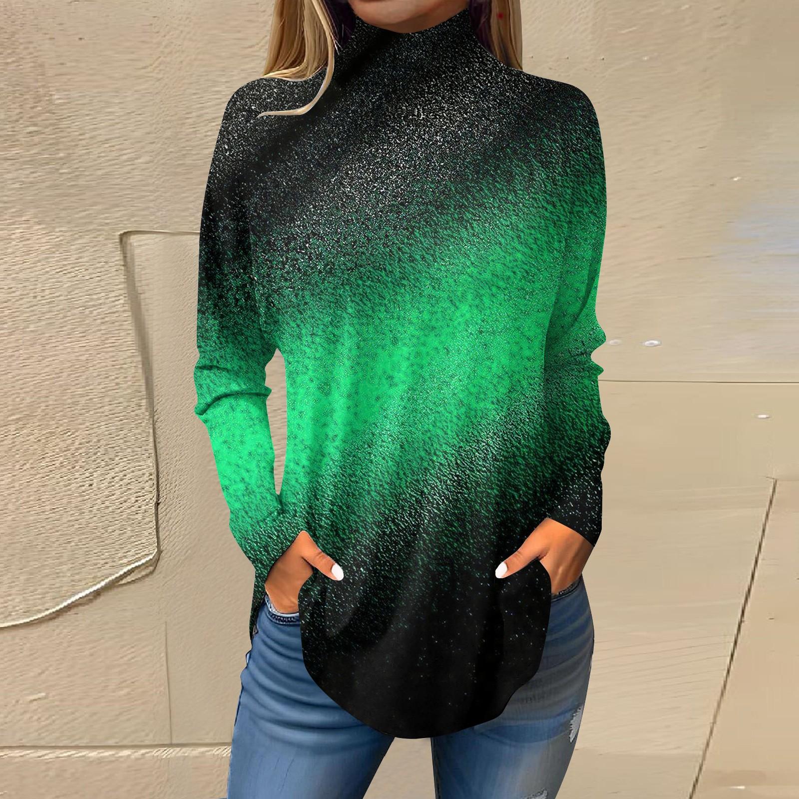 

Женская модная повседневная футболка с длинным рукавом с высоким воротом и принтом, пуловер, топ XL зелёный