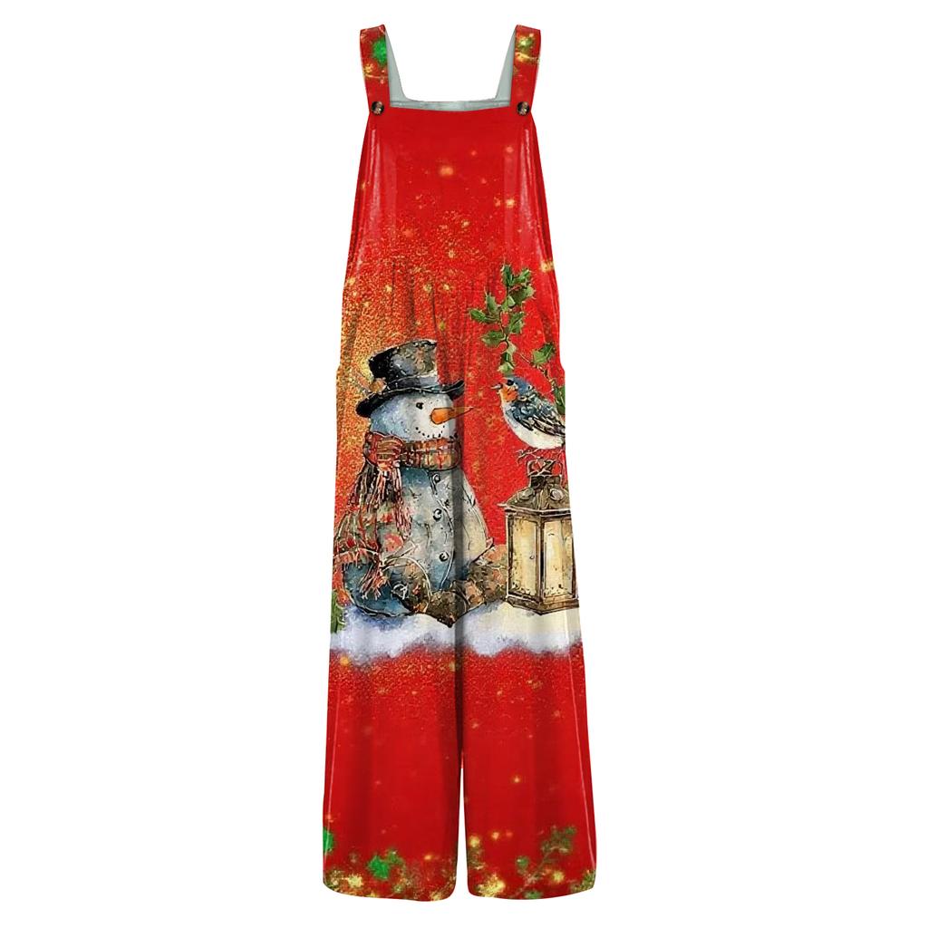 Women's Casual Jumpsuit Sleeveless Christmas Printed Cotton Jumpsuit