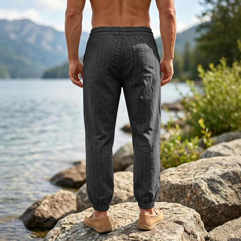 Men's Casual Striped Linen Pants Loose Fit Straight Leg Long Trousers Sporty American Style Men's Wear Breathable Casual Sports Trousers