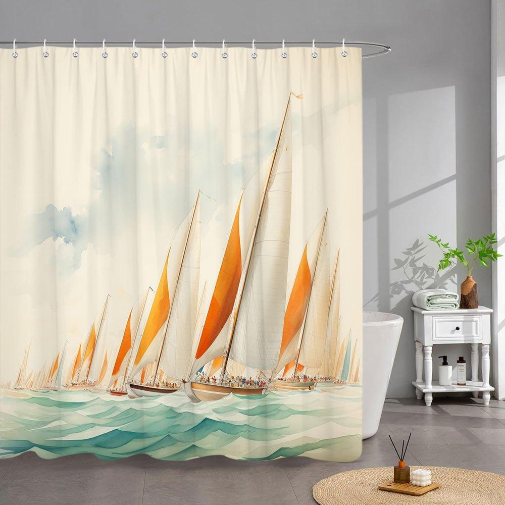 1Pc Sailboat Fleet Shower Curtain - Impressionist Watercolor Art With White Boats, Orange Sails, Calm Teal Sea & Pastel Sky,