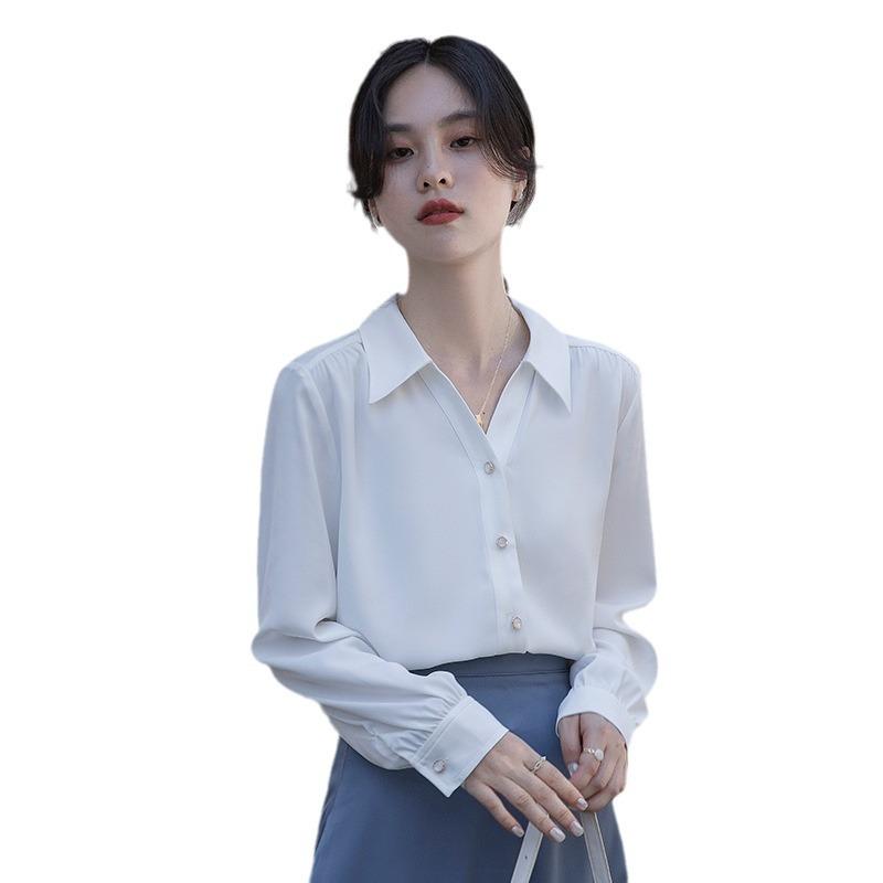 White Shirt Women's Long Sleeve Blouses & Shirts Spring Outfit OL Professional Commuting French Pleated V-neck Elegant Top