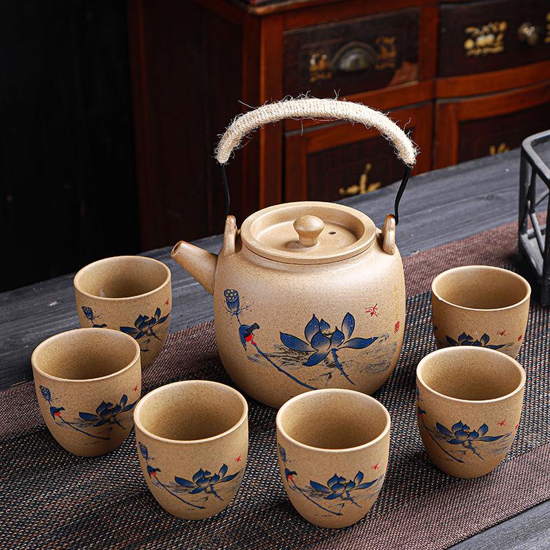 Hrubá keramika, Pálení palivového dříví, Konvice se zvedacím trámem, Konvice na čaj, Čajová sada, Japonská ručně vyráběná retro keramická velká nádoba, Velký šálek, Kompletní sada