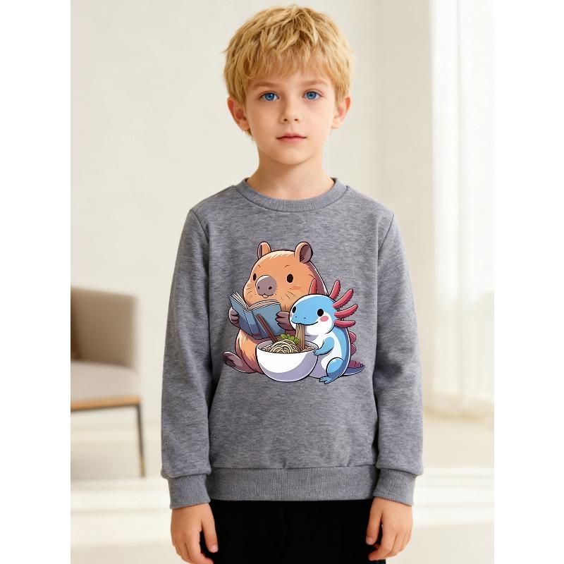 European sizes Kids' Round Neck Long Sleeve, Featuring a Cartoon Capybara Print, Suitable for Daily Casual Wear And Outdoor Activities