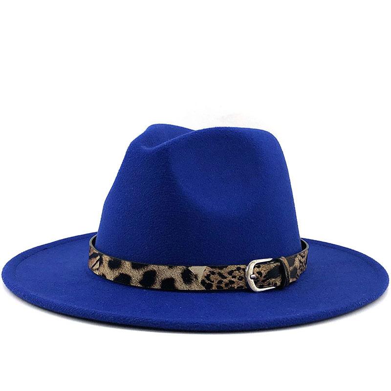 Fashion leopard print belt woolen top hat ladies jazz hat autumn and winter versatile felt hat flat edge top hat church hat