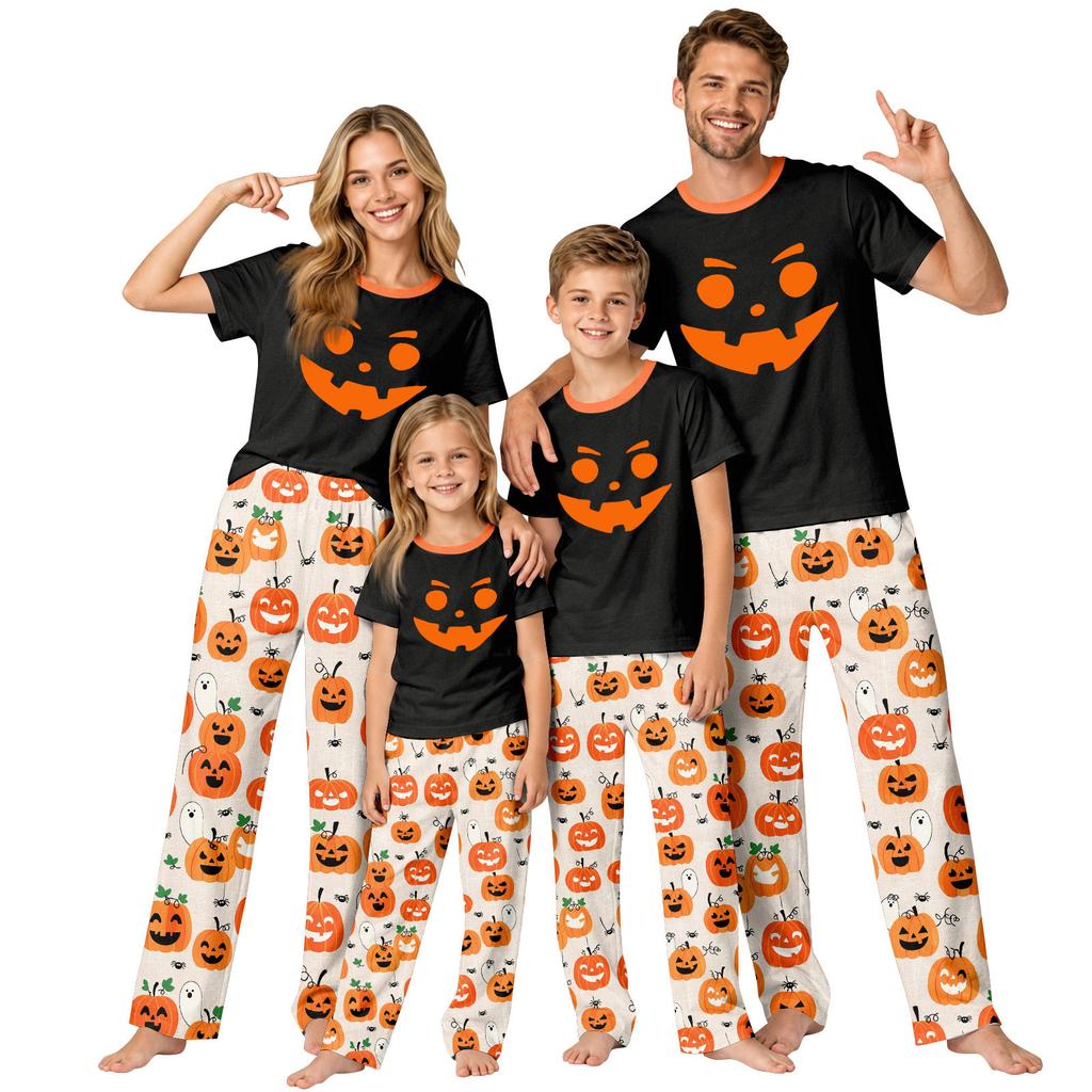 Matching Family Halloween Printed Pajama Set Short Sleeve T-Shirt and Pants for Women and Kids