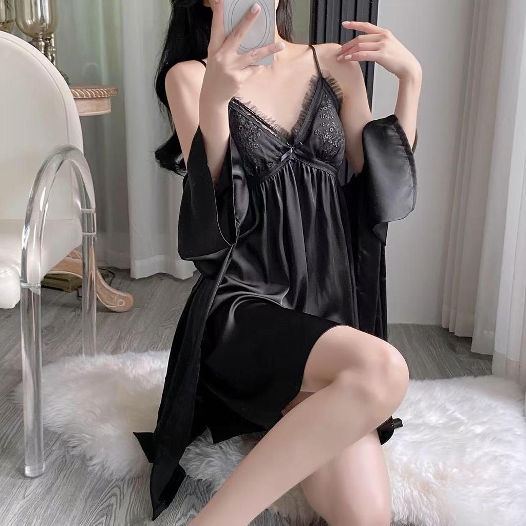 Set de cămașă de noapte cu mânecă lungă din mătase de gheață pentru femei și halat din dantelă cu cupe pentru bust - Îmbrăcăminte de noapte casual de înaltă calitate 2025.