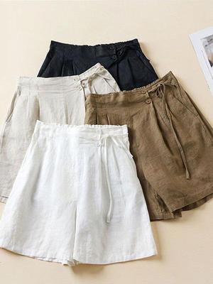 Pantalon Capri Retro Uni en Coton Grande Taille - Short Décontracté en Lin pour Femmes