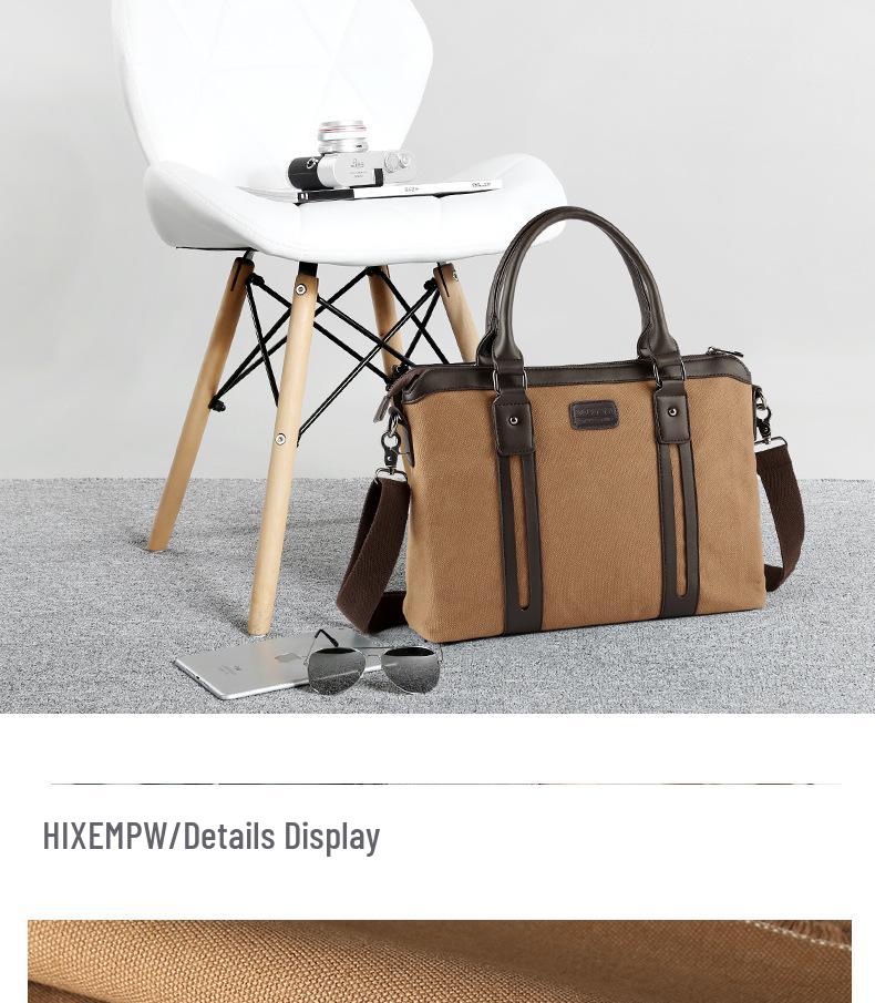Men's Classic Canvas Business Briefcase: Horizontal Shoulder Bag with Cowhide Accents for Laptop and Daily Use