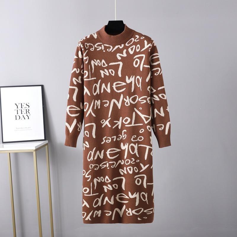 Autumn Winter Women High Neck Vintage Knitted Pullover Long Sleeve Letter Graffiti Sweater Dress