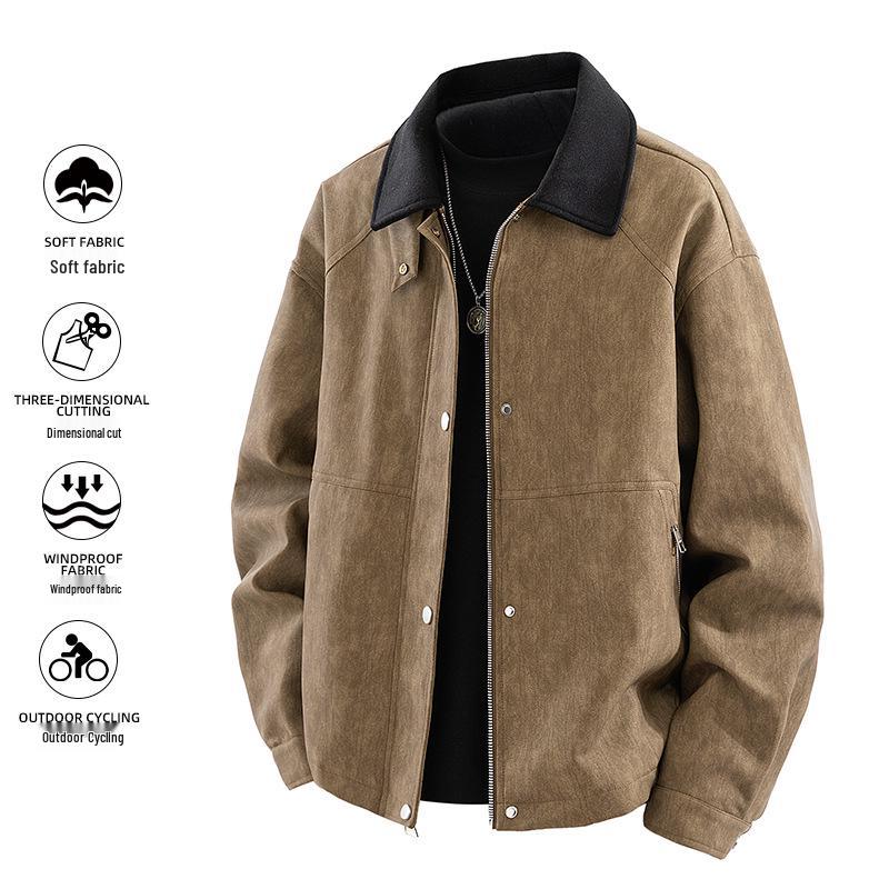 Di Yu Shen Long Men's Trendy Winter Loose Color Block Fleece-Lined Leather Jacket