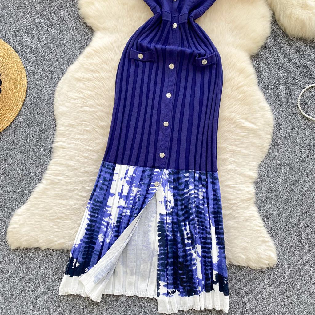 Summer Women Sleeveless Print Designer Runway Dress Single Breasted Knitted Sweater Dresses