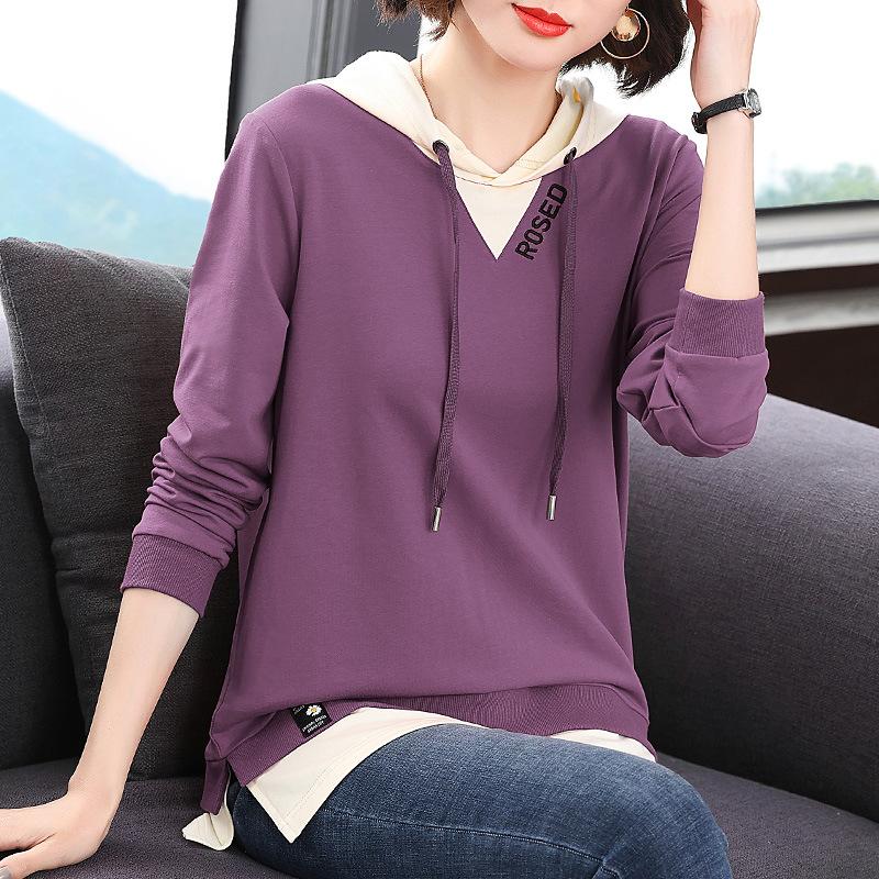 Camiseta de Algodón para Mujer Suéter Falso de Dos Piezas para Mujer Primavera y Otoño Camiseta de Algodón de Manga Larga para Mujer Top de Longitud Media Camiseta Base