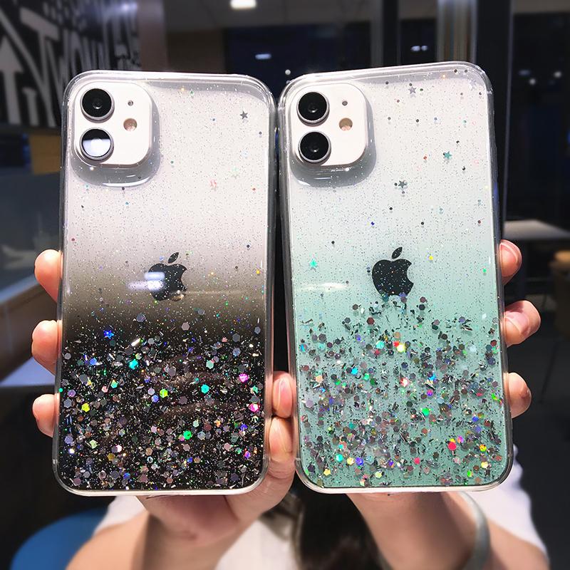 Luxury Gradient Glitter Sequins Clear Phone Case For iPhone 16 Pro Max 15 14 13 12 11 X XR XS 7 8 Plus SE 2020 Soft Bling Cover