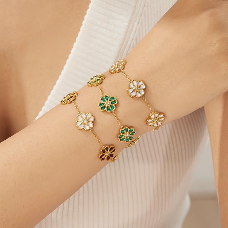 Gold Malachite Flower Zircon Bracelet For Women Dainty Jewelry