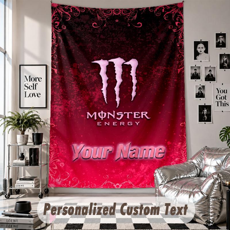 Wall Hanging Tapestry With Custom Name & Text, Monster Energy Decorative Tapestry For Bedroom