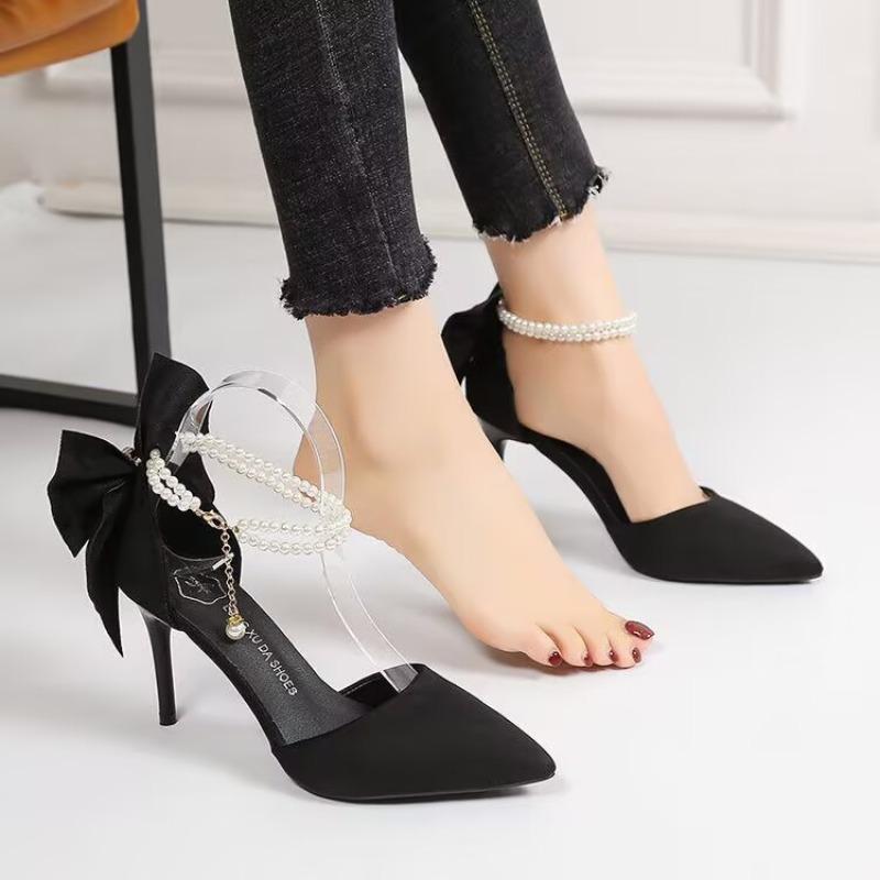 Fashion 2025 New Women Thin Heel Hollow Sandals Woman Pearl Butterfly Pointed Toe High Heels Pumps Womens Drees Shoes Wedding Shoes