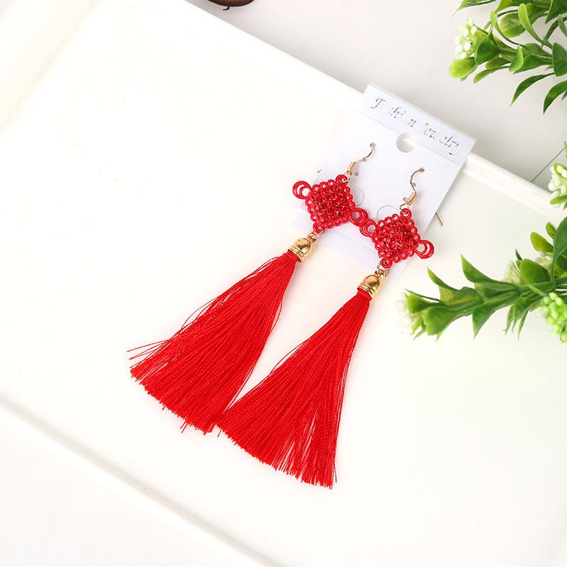 Chinese Hanfu Accessories: Retro Long Red Tassel Earrings for Weddings