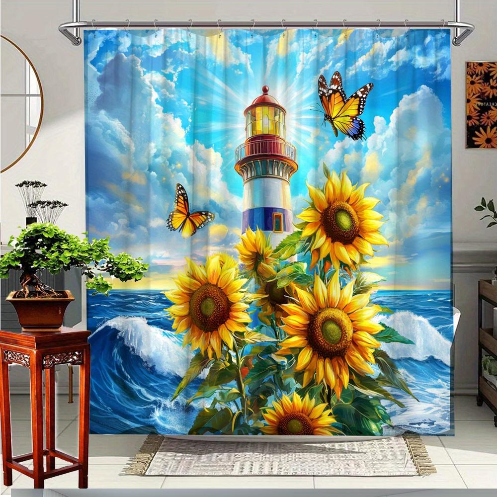 

1Pc Vibrant Sunflower & Butterfly Bathroom Curtain - Coastal Lighthouse Ocean Waves Design, Machine Washable Polyester Fabric, W60H190(CM)-1 Pcs