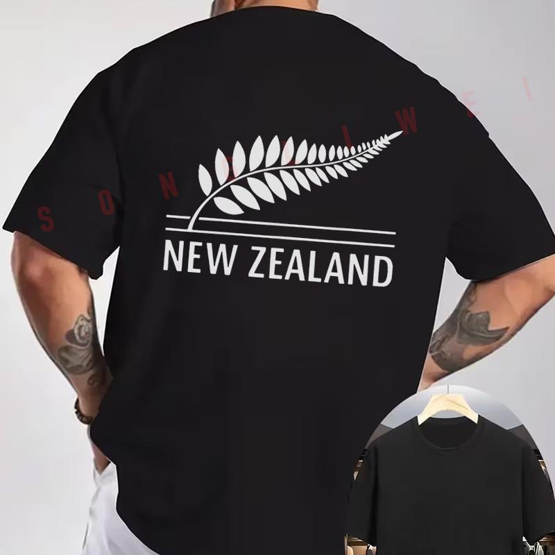 ZEALAND Silvery Fern print Motorcycle T-Shirt back Print Men's Short sleeve O-neck Casual Top