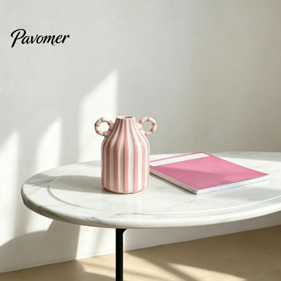 Artistic Home Atmosphere Vase Striped Ceramic Vase, Modern Glossy Hand Painted Flower with Double Fresh Cut Arrangement Ear Handles for Living