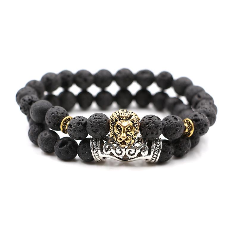 

2-Piece Antique Buddha Lion Head Pendant With Lava Agate Natural Stone Beads Bracelet Set For Men And Women BE488