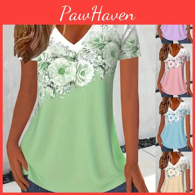 Floral Sleeved Womens Short Fashion Print Tshirt Top V Neck Color Blocking Casual Commuter Tshirt