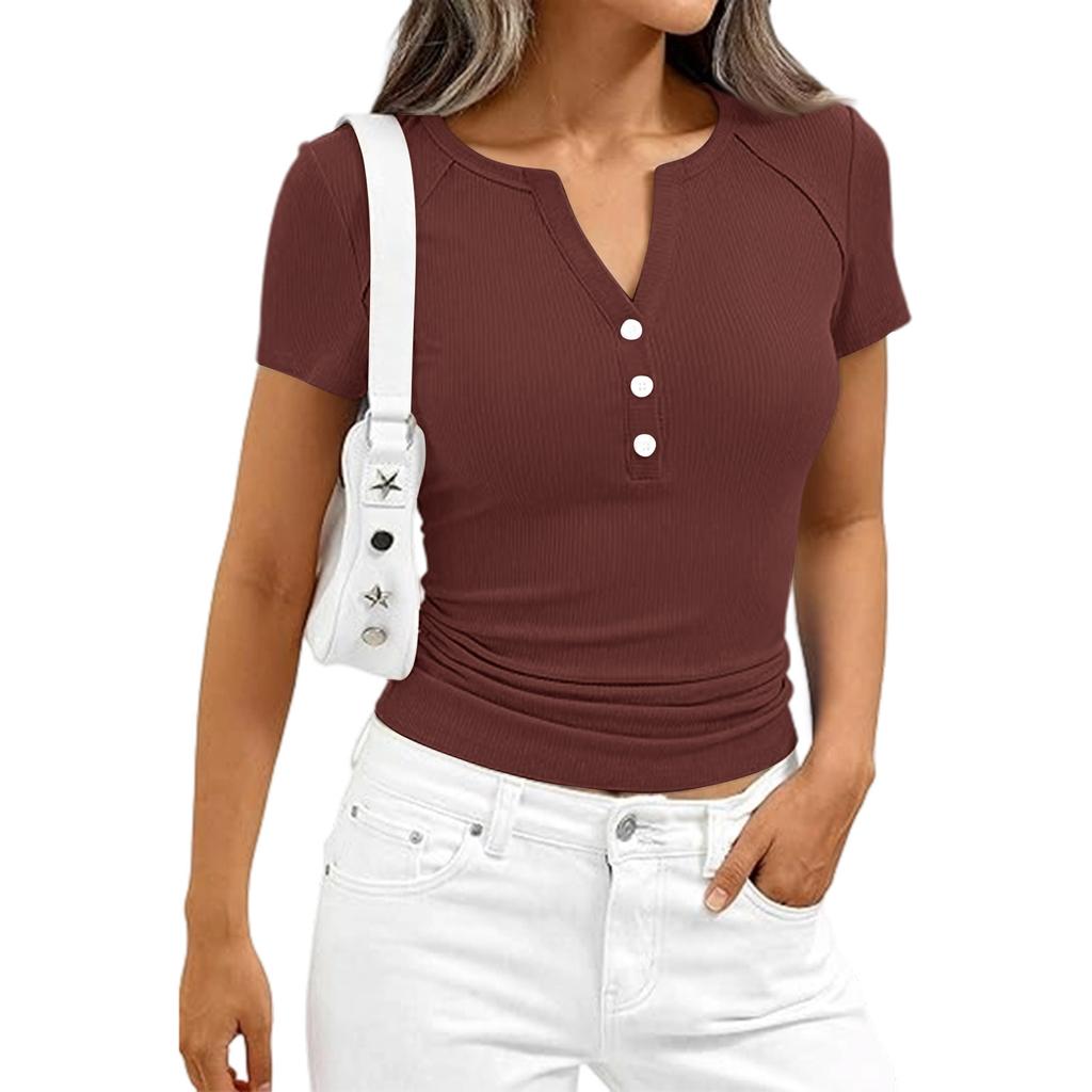 Women's Fashion Casual Color New Short-Sleeved Decorative Button V-Neck T-Shirt Top