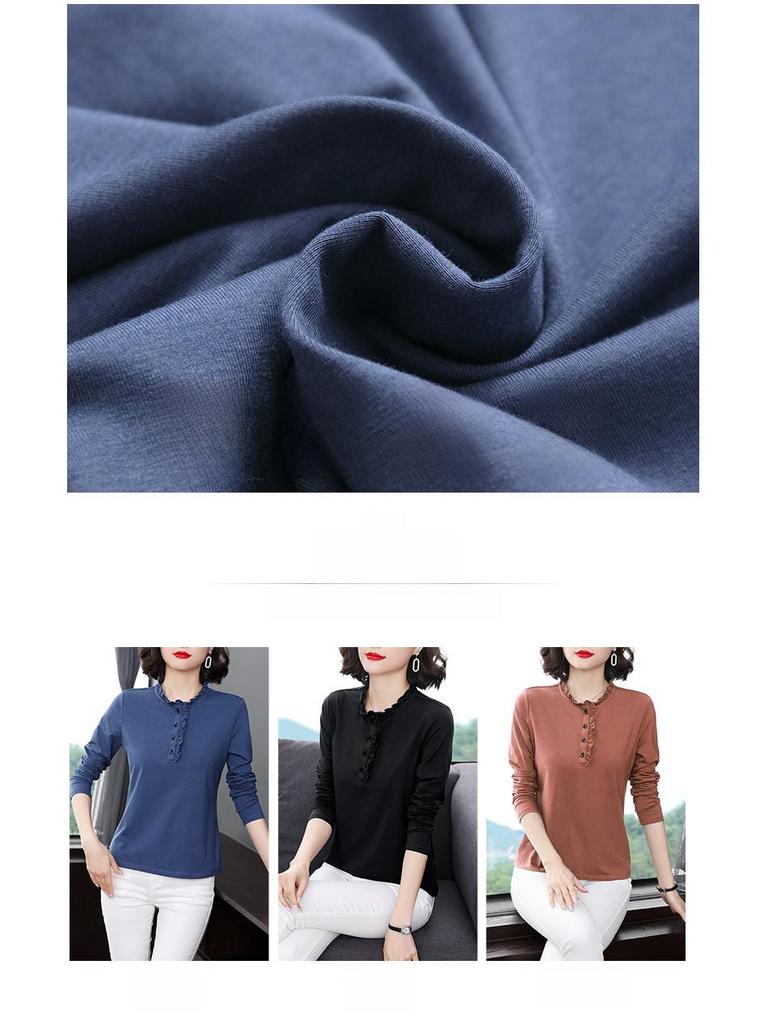 Women's Long-Sleeve Stand-Up Collar T-Shirts with Ruffled Collars, Loose Fit, Large Size - Perfect for Spring and Autumn