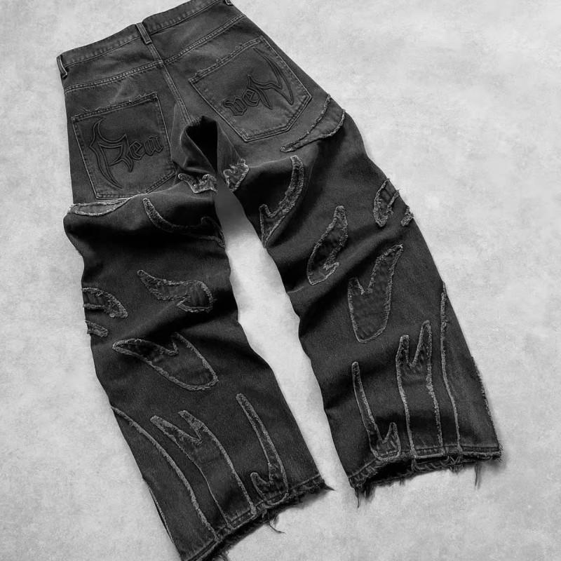 Mens Vintage Streetwear Straight Fit Denim Jeans With Embroidery Gradient Wash Mid-Rise Casual Slim Trousers