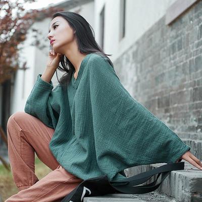 Spring Autumn Bat Sleeve Shirts Vintage Women Cotton Linen V-Neck Solid Color Plus Size Blouses