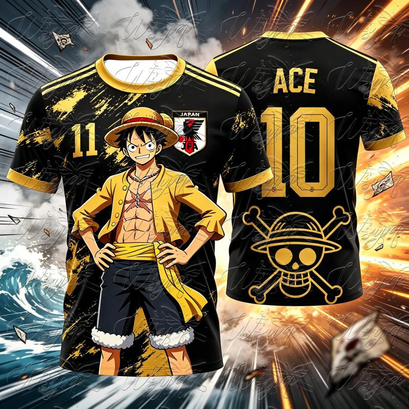 Unisex Sommer Schnelltrocknendes Netz-Fußballtrikot Anime One Piece Luffy ACE 10 11 Goldener Totenkopf-Druck Streetwear Kurzarm-T-Shirt