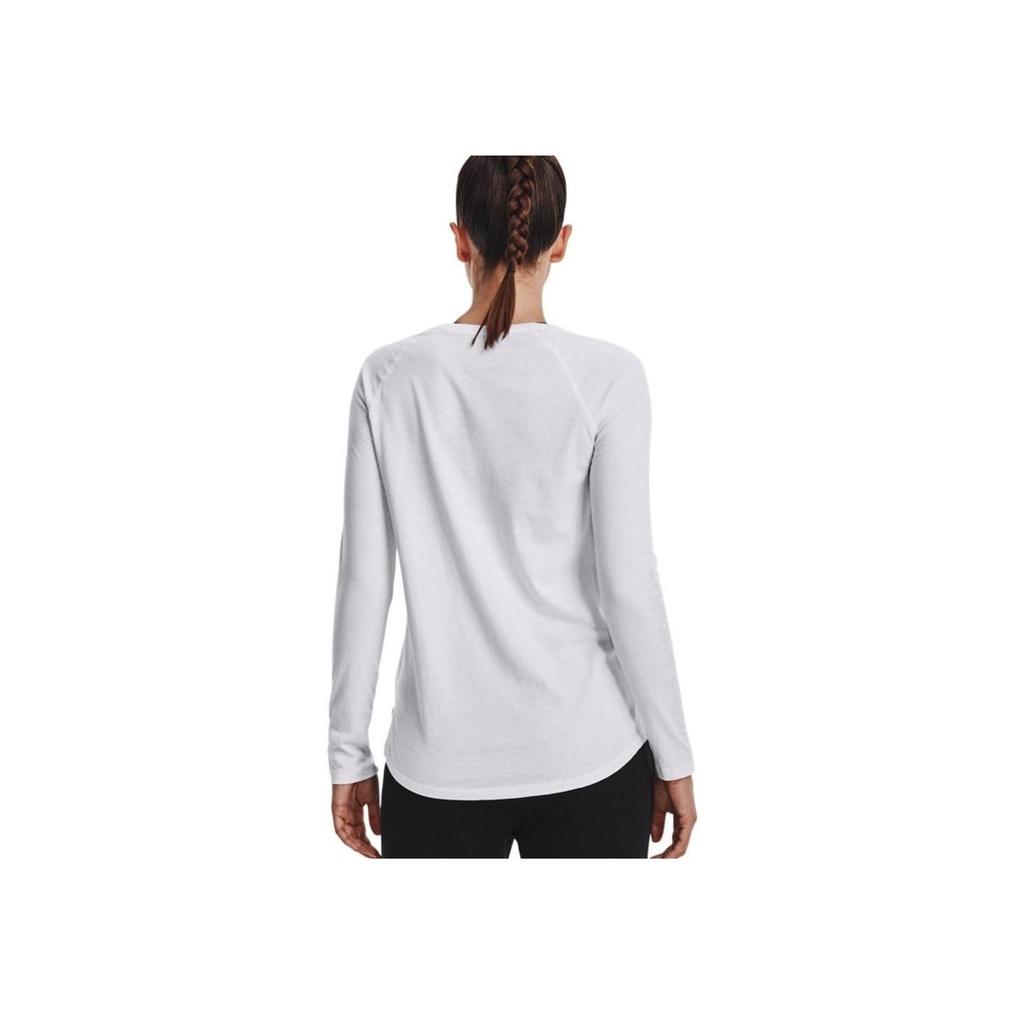 Under Armour Script Wordmark Solid Logo Print Crew Neck Long Sleeve T-Shirt Women Tops White 1374188-100