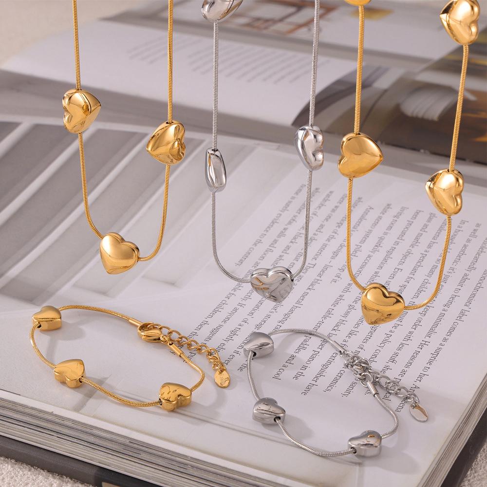 Korean Minimalist Snake Chain Heart Pendant Titanium Steel Jewelry Set