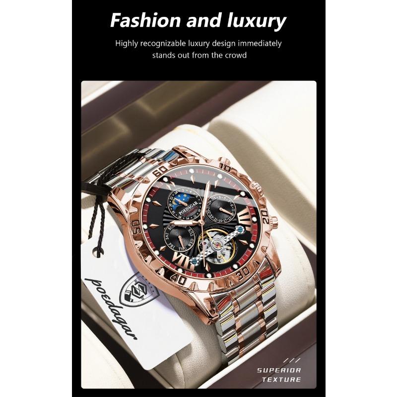 POEDAGAR Luxury Men Watch Luminous Waterproof Hollow Tourbillon Male Clock Week Date Business Automatic Mechanical Watches