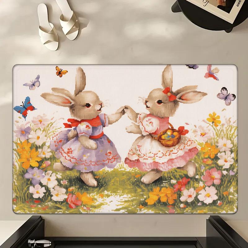 Soft and warm flannel Easter Bunny dance mat, non-slip machine washable floor mat