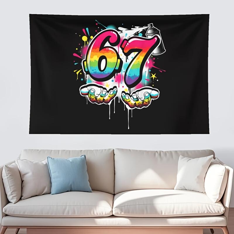1Pc Neon 67 Graffiti Meme Tapestry, Urban Art Style Wall Hanging with Alpha Slang "67" & Graffiti Letters, Fashion Room Decor