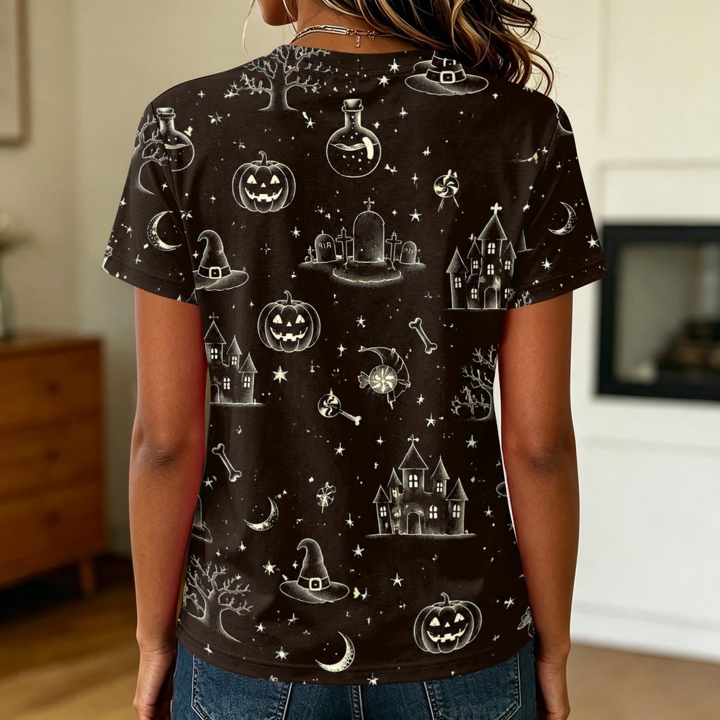 Ladies Casual Pullover Short Sleeve T Shirt Halloween Print Crew Neck Top Halloween Themed Graphic Tee for Women