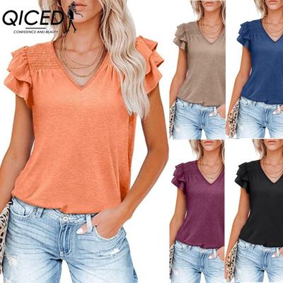 Women's Fashion Casual Solid Color Print Short Sleeve V Neck Blouses & Shirts