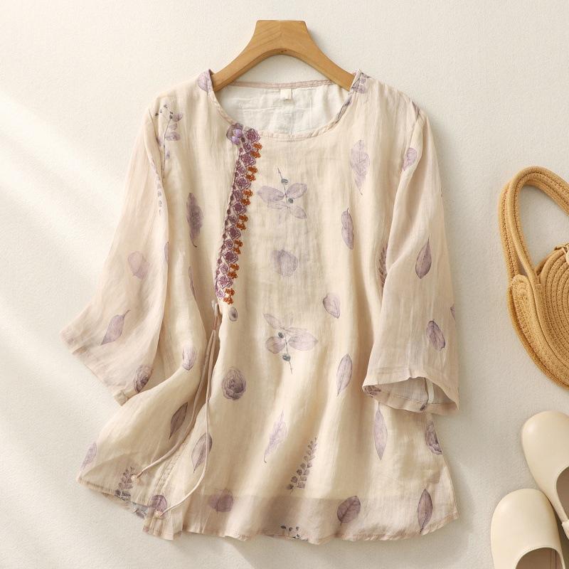 Floral Seven Quarter Sleeve Blouse Top for Summer Loose Fit Multi Colored Heavy-duty T-shirt for Women