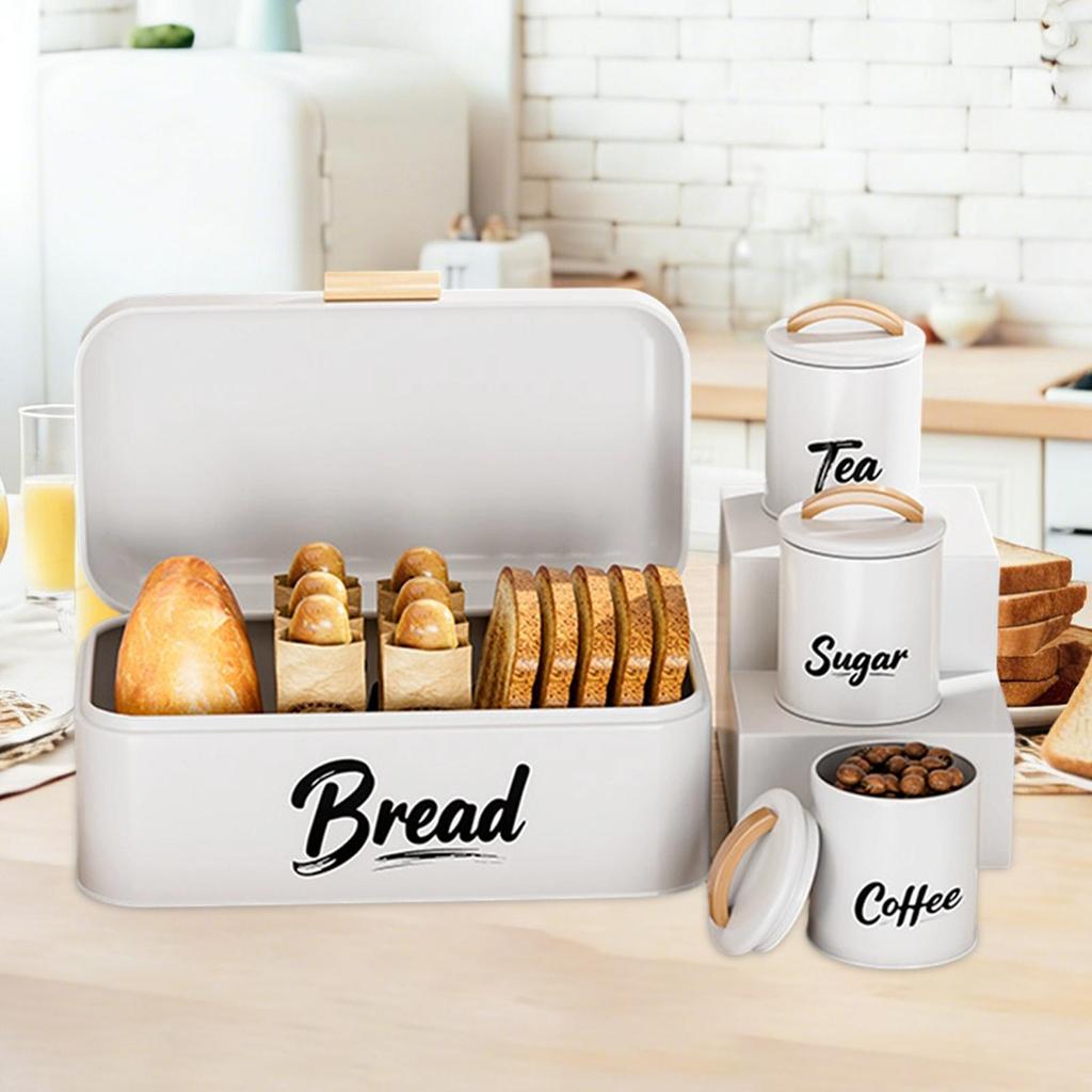 4-teiliges Küchen-Brotkasten- und Organizer-Set mit Kaffee-, Tee- und Zuckerdosen Stabiler Metall Deckel