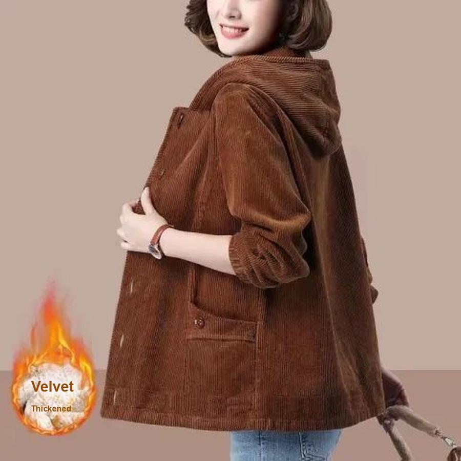 Autumn Winter New Corduroy Fleece Thick Hooded Sweatshirt Jacket Casual Loose Slim Fit Plus Size for Middle-Aged Moms