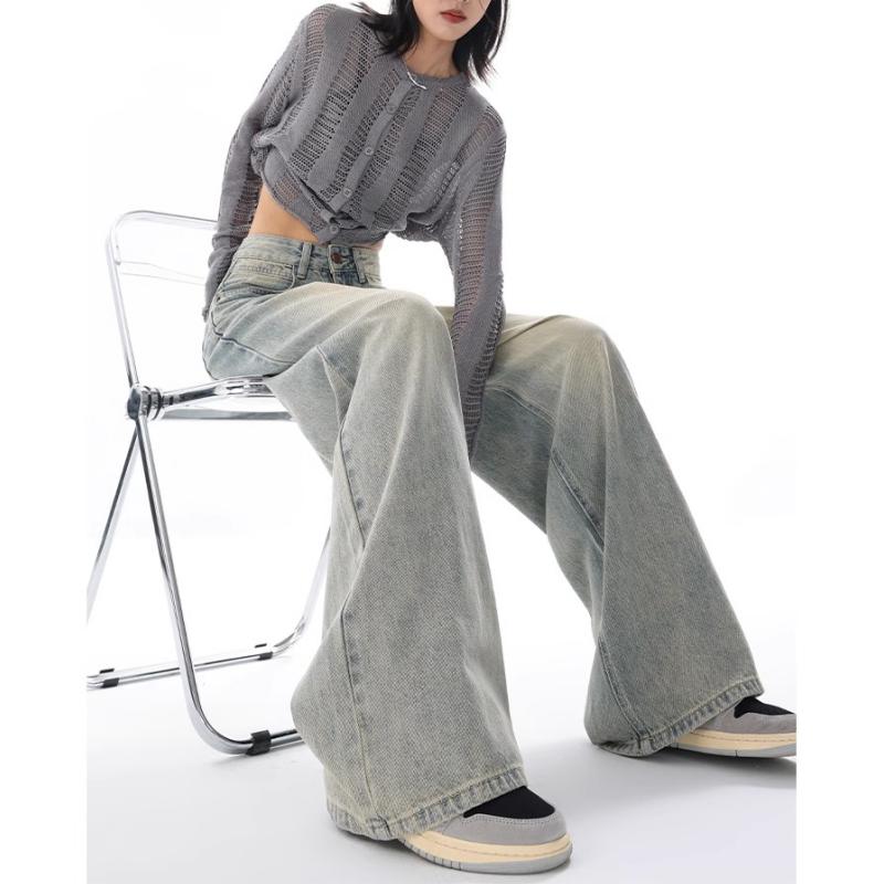 Y2K Blå Jeans til Kvinder Høj Talje Amerikansk Street Wide Leg Bukser Hip Hop Vintage Lige Efterårsbukser