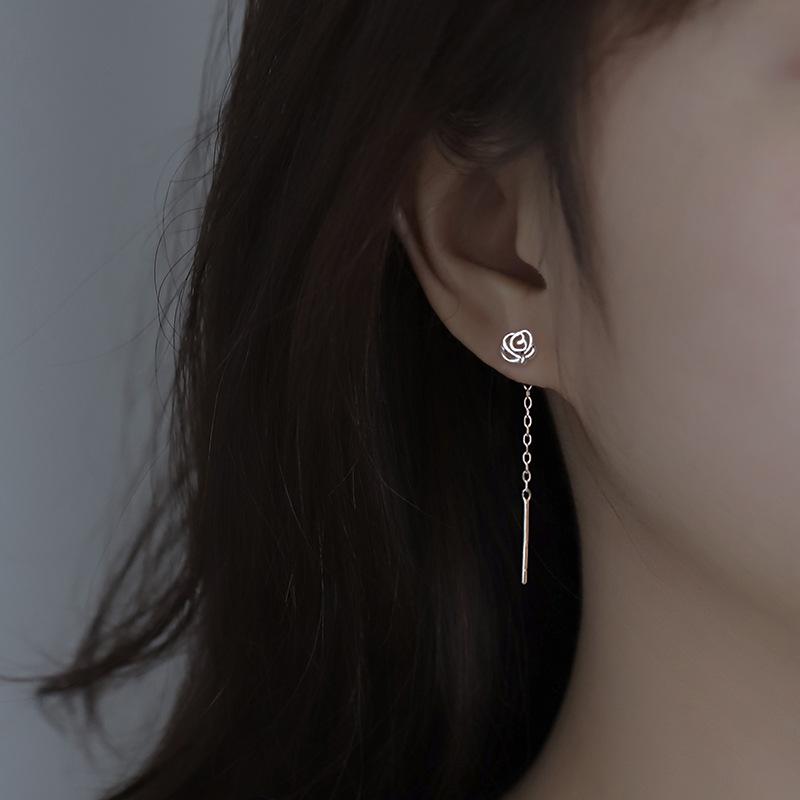 925 Sterling Silver Rose Flower Threader Earrings for Women - Summer 2022 Trend, Niche Design