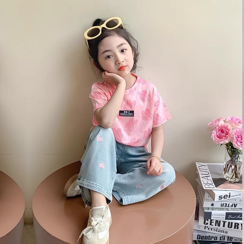 Girls Summer Korean All Over Print Round Neck Short Sleeve T Shirt Trendy Top For Kids Medium Large