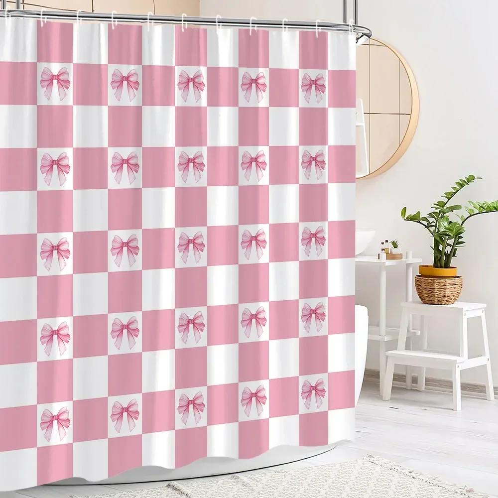 Tenda da Doccia Rosa Carina con Fiocco Moda Strisce Quadri Regalo di Festa per Ragazze Tessuto in Poliestere Tende da Doccia Arredo Bagno con Ganci