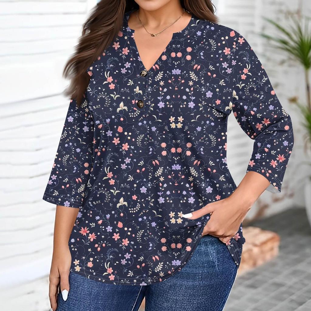 Plus Size Women's Fashion Casual Vintage Print V-Neck 3/4 Sleeve Button T-Shirt Top