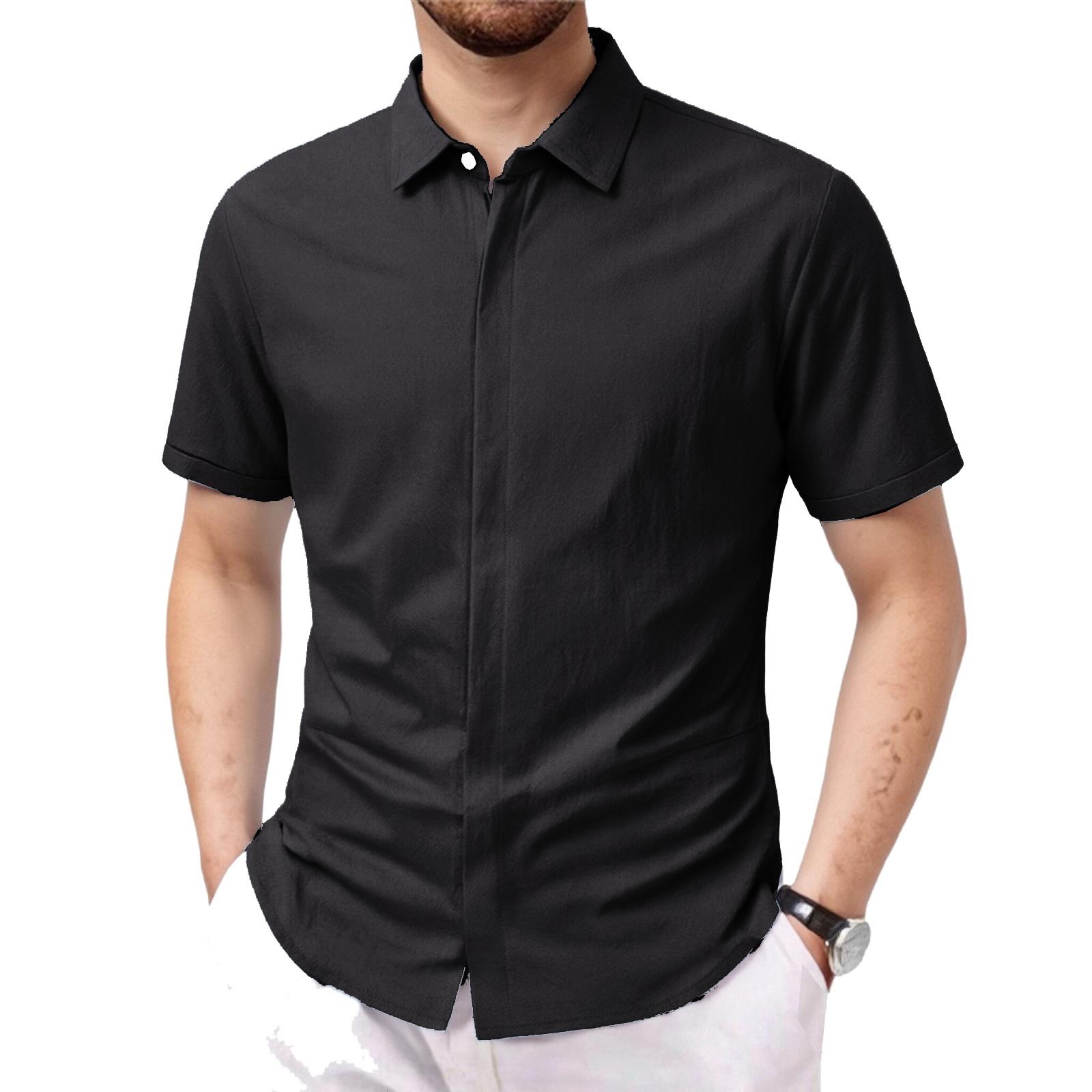 

Мужская повседневная однотонная рубашка с пуговицами и коротким рукавом, мужская льняная блузка с отложным воротником XXL чёрный