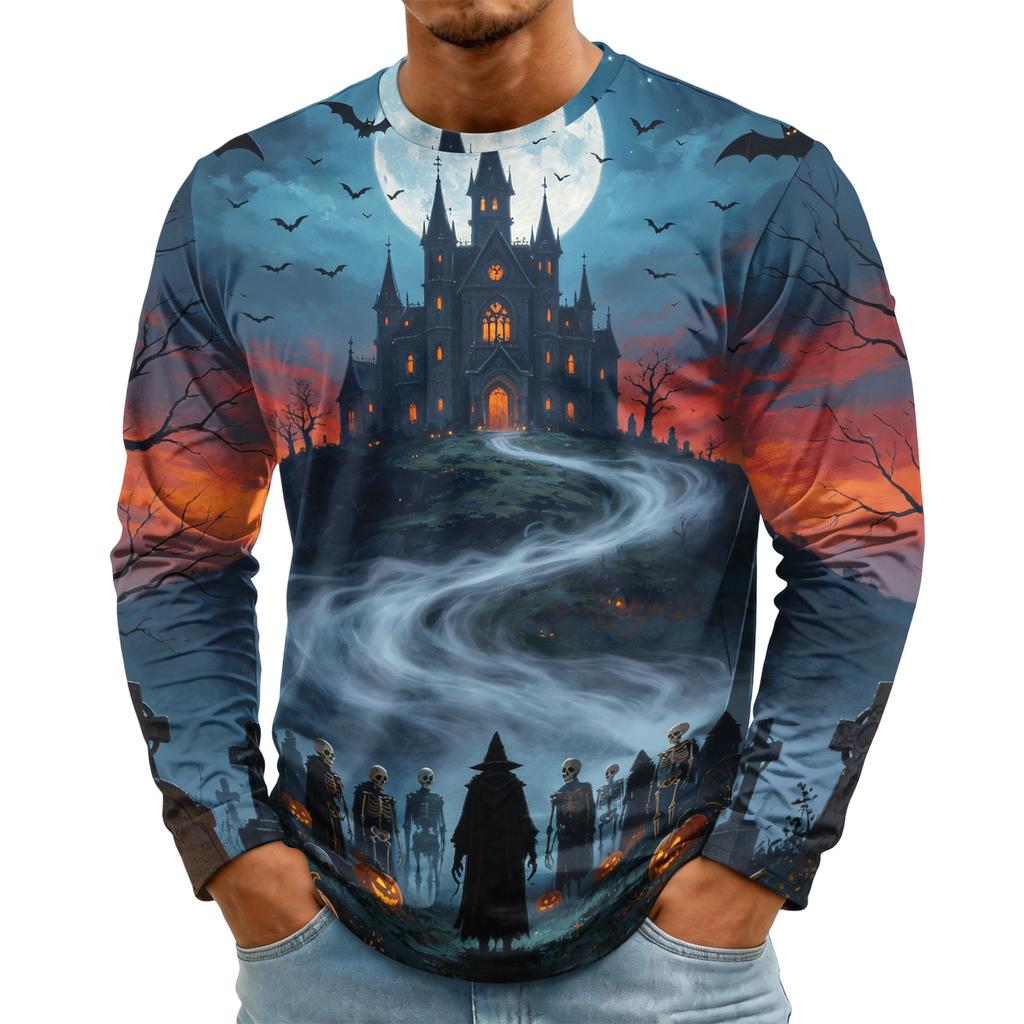 Men's Halloween Printed Long Sleeve Neck T-Shirt for Costume Party