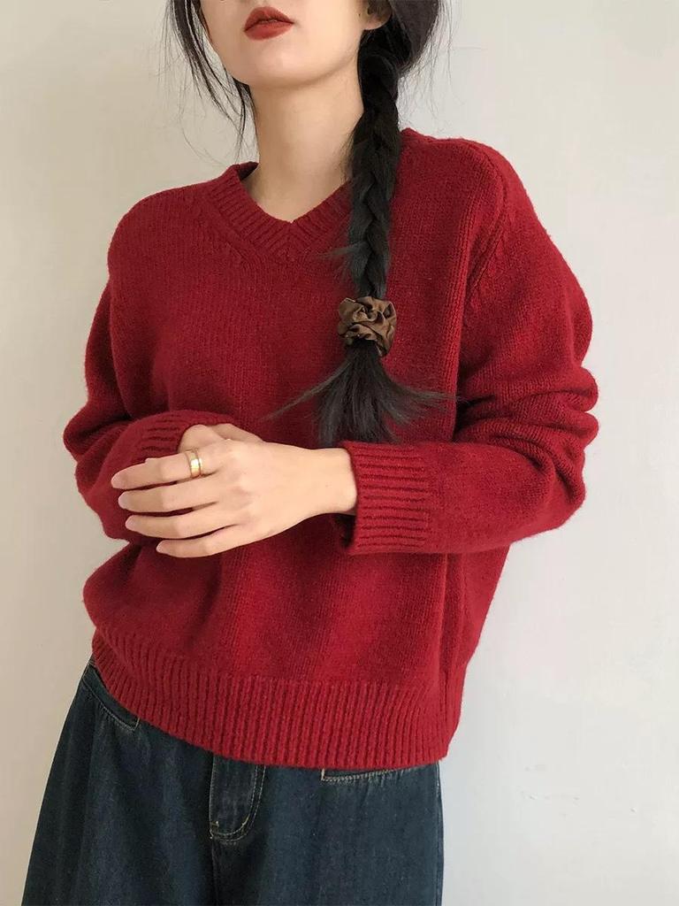 Korean Style V-Neck Wool Sweater - 2025 Autumn Trend, Loose Knit, Long Sleeve, Women's Fashion